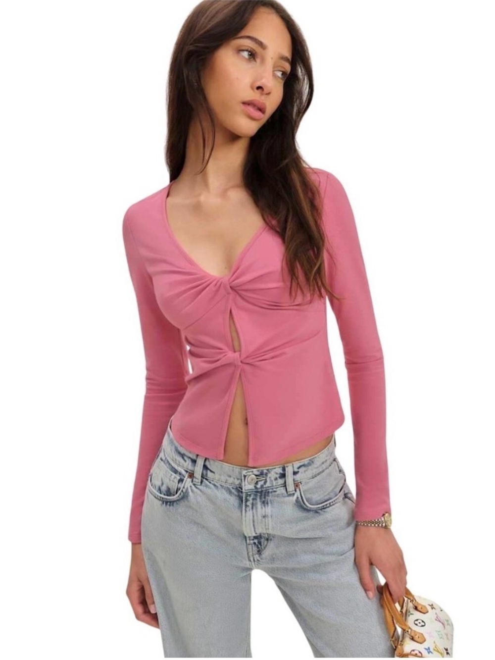Reformation Silas Knit Top Pink Long Sleeve Twist Front Crop Top Size XL
